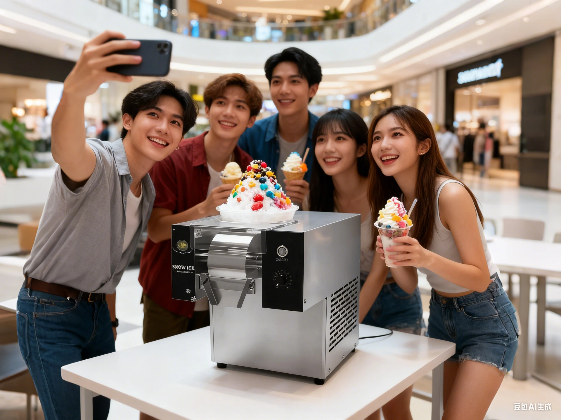 东南亚年轻人和juanming 雪花冰机拍照